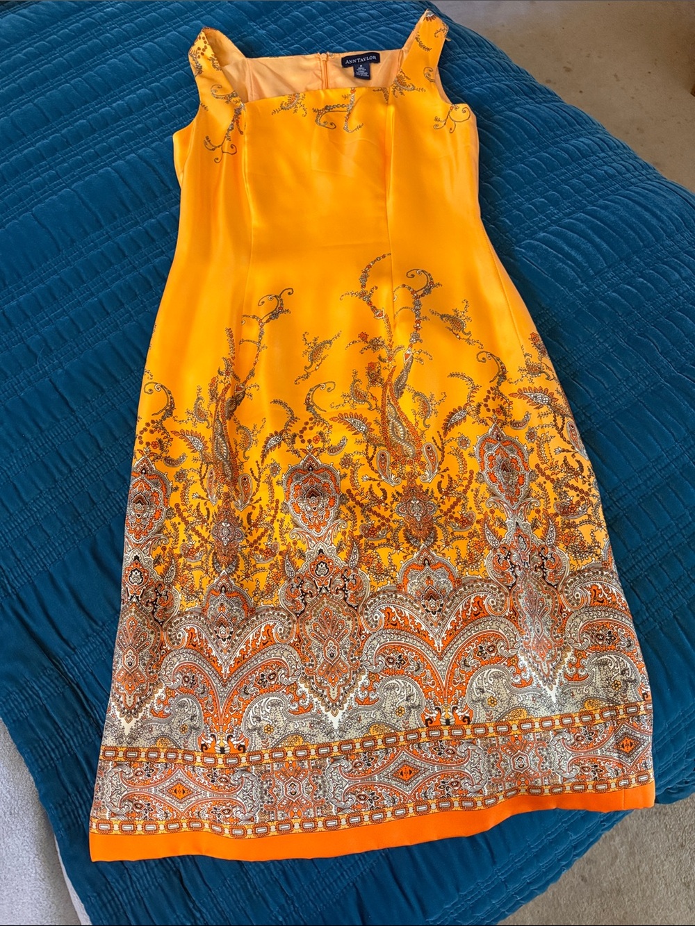Anne Taylor Yellow and Orange Paisley-Print Sleeveless Sheath Dress